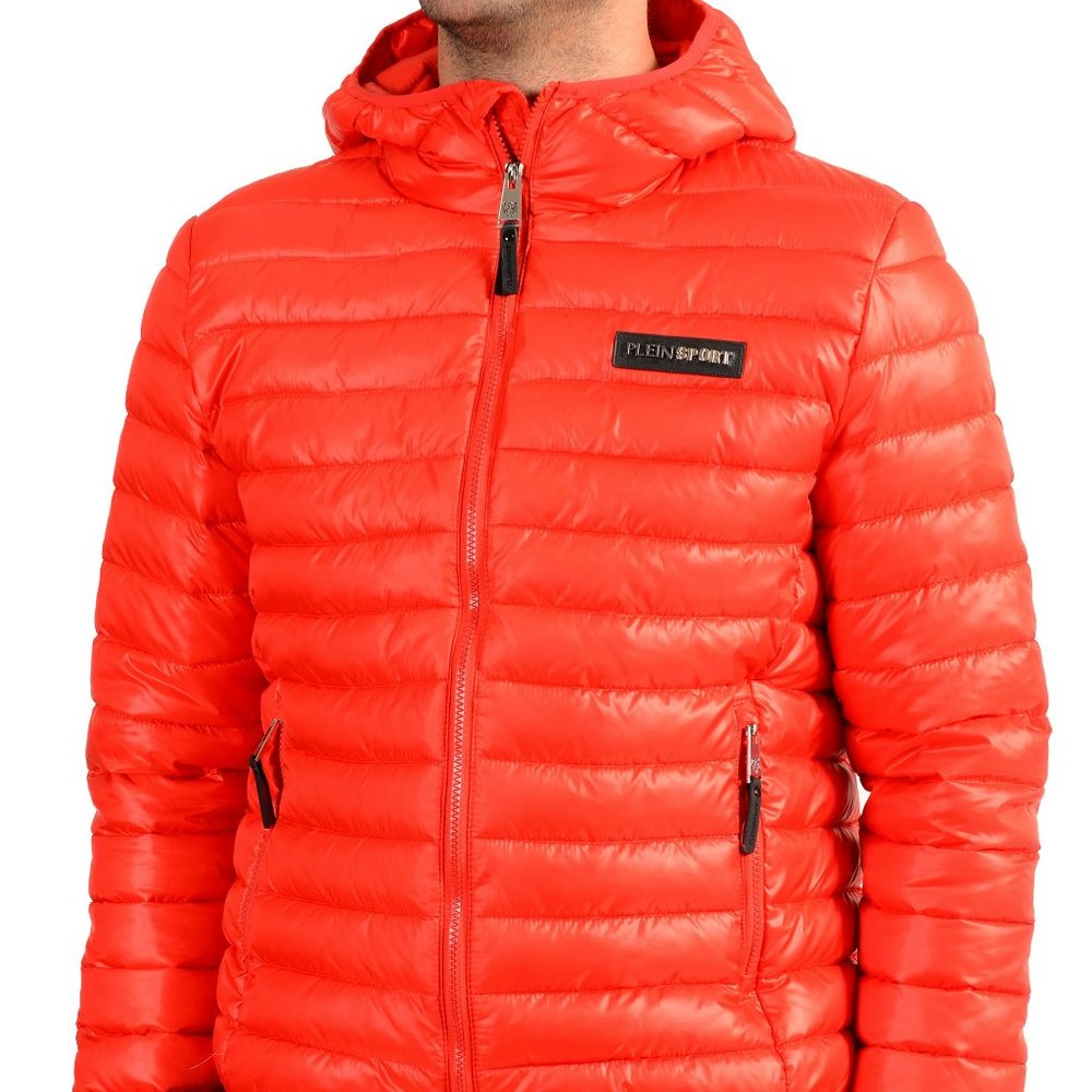 Plein Sport Men's Red Hooded Logo Print Zip Up Parka Jacket